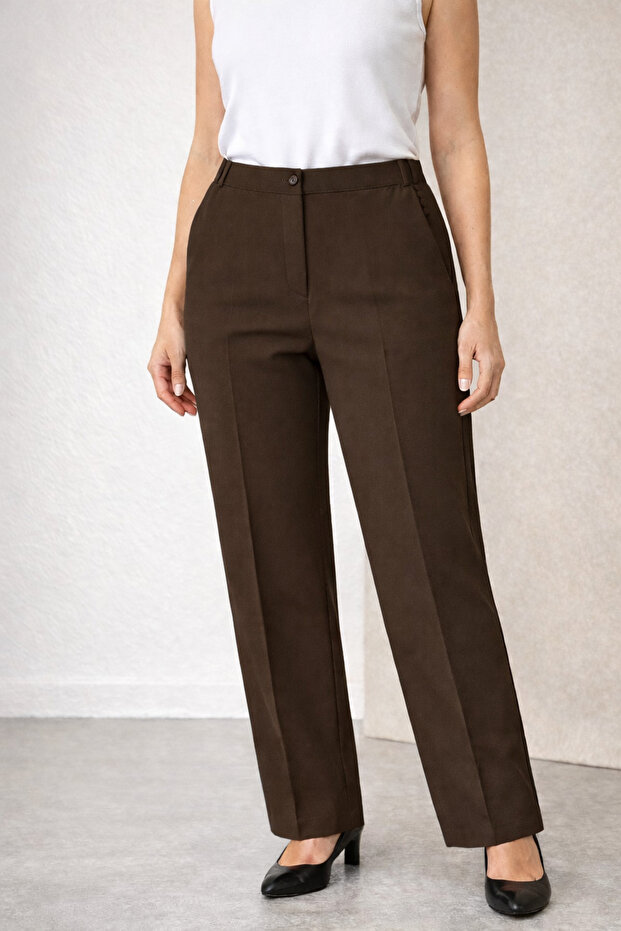 Women's Ankle-Length Fabric Trousers with Elastic Sides and Button Front