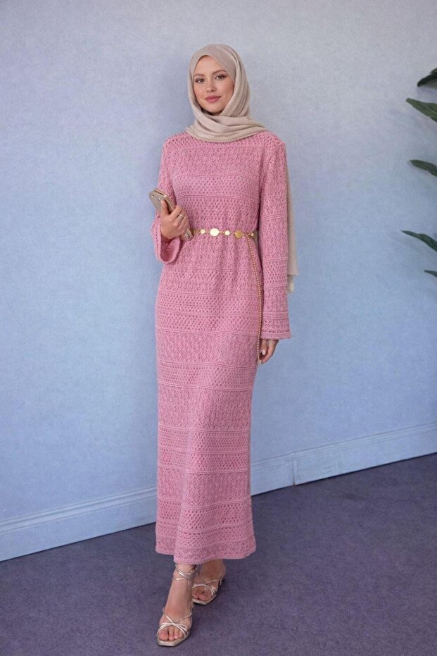 Ajur Örme Elbise Pembe - 1