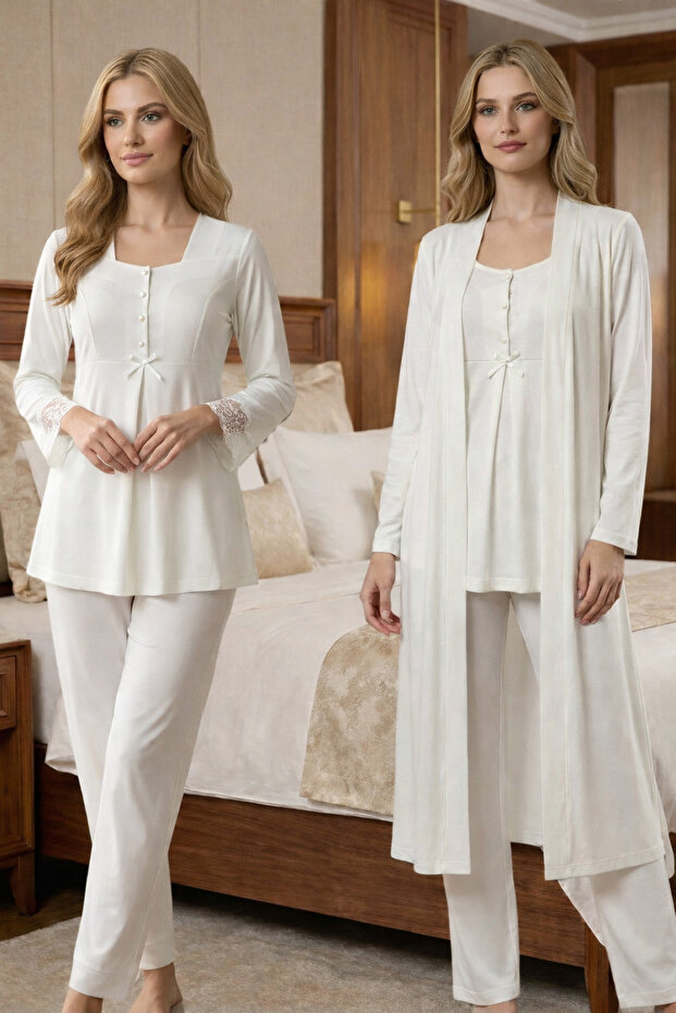 100% Cotton Long Dressing Gown with Lace Detail Maternity Pajama Set