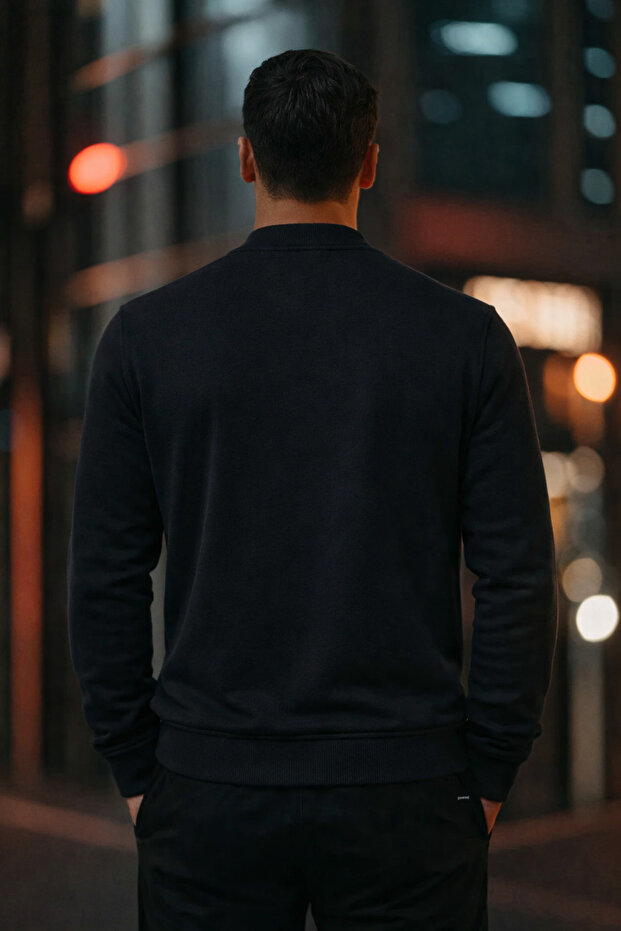 Men's Zippered Basic Black College Jacket - 6