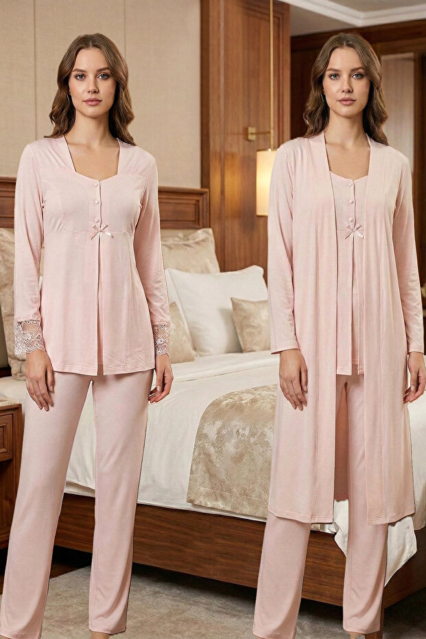 100% Cotton Long Dressing Gown with Lace Detail Maternity Pajama Set
