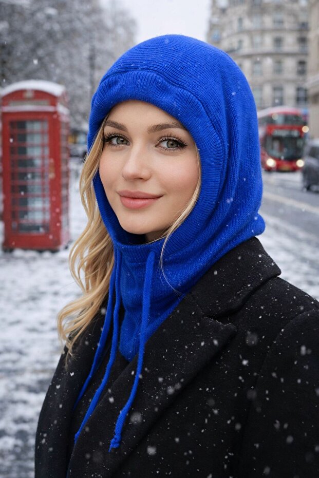 Cobalt Blue Soft Textured Knitwear Balaclava Women's Beanie
