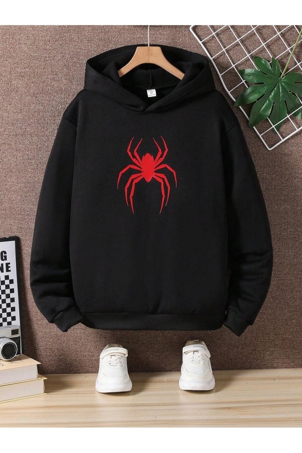 Spider Printed Hooded 100% Cotton Kids Sweatshirt