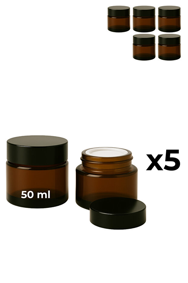 Set of 5 50 ml Amber Glass Cream Jars + Black Lids