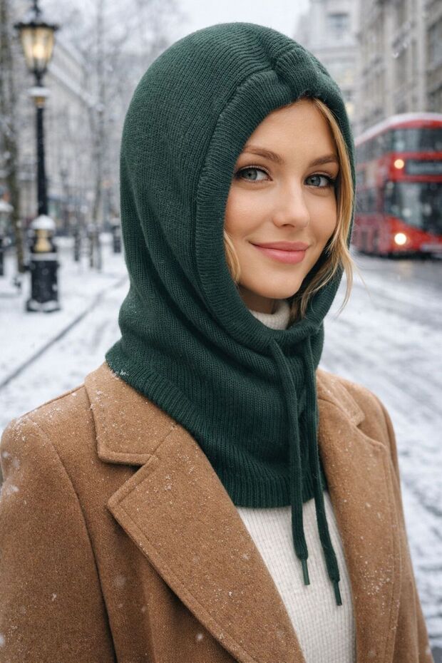 Dark Green Soft Textured Knitwear Balaclava Women's Beanie