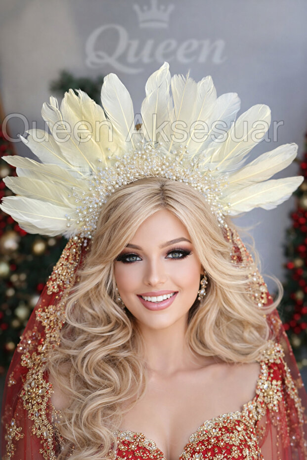 Luxury Design Crystal Stone Pearl Embroidered Feathered Special Occasion Henna Bridal Head Crown Accessory White Crown