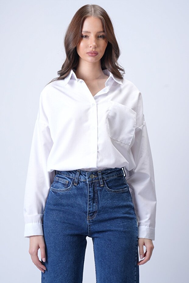 Beyaz Tek Cepli Oversize Gömlek - 3