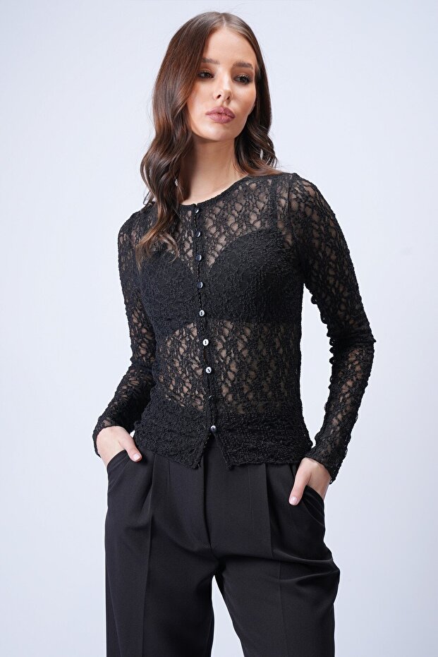 Siyah Düğmeli Dantel Bluz - 4