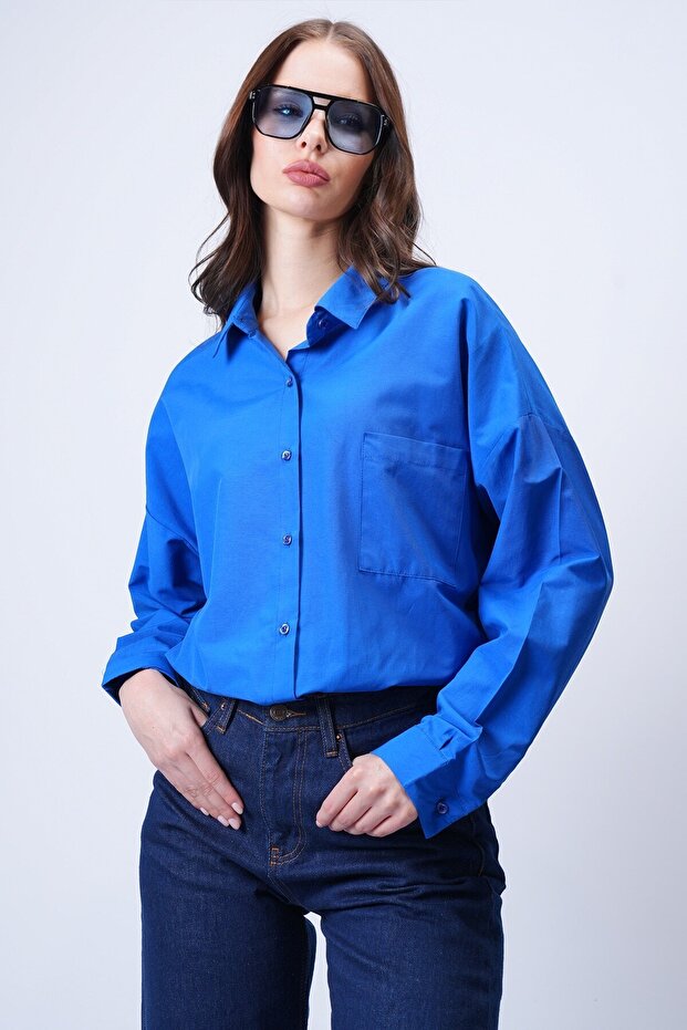 Mavi Tek Cepli Oversize Gömlek - 3