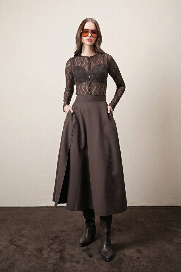 Fustă maxi maro texturată - 3