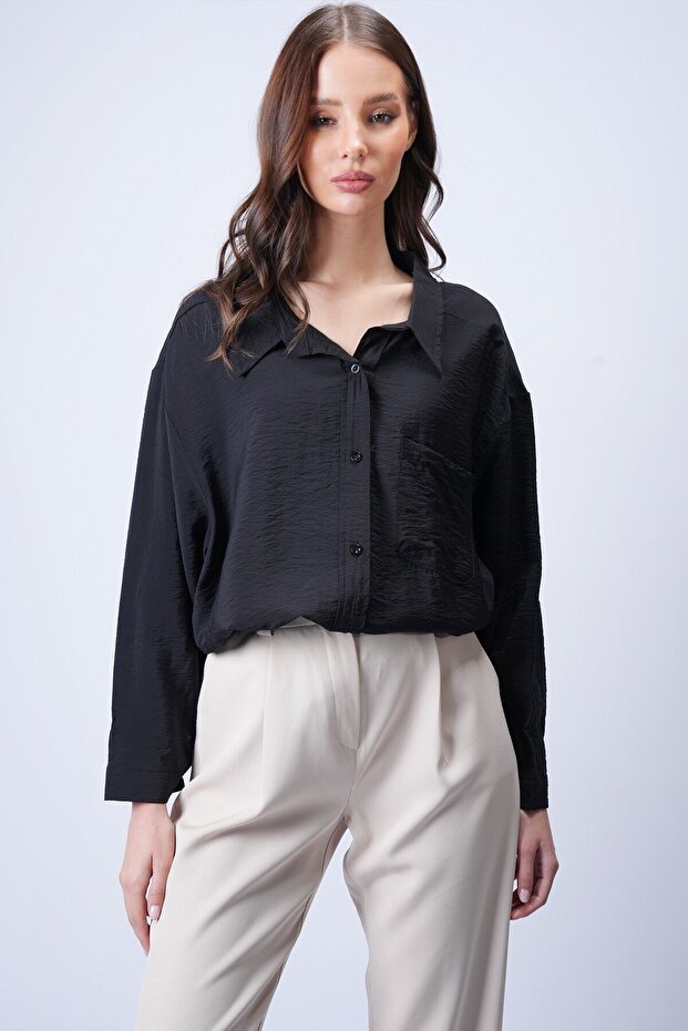 Siyah Tek Cepli Oversize Gömlek - 4