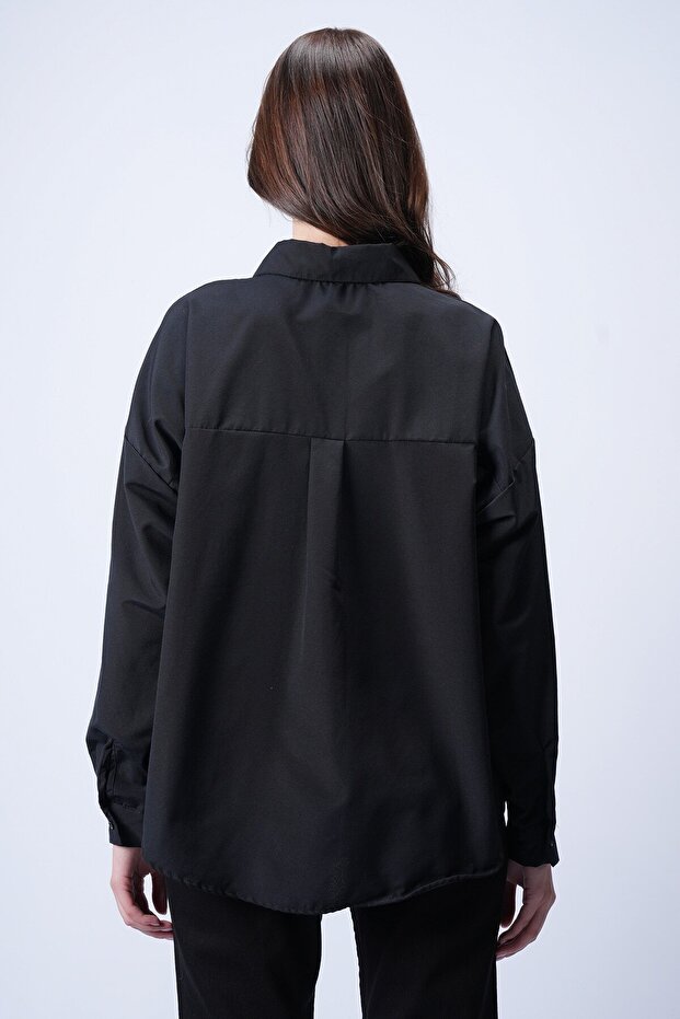 Siyah Tek Cepli Oversize Gömlek - 5