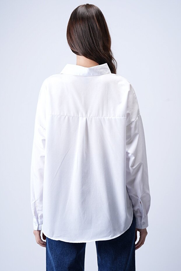 Beyaz Tek Cepli Oversize Gömlek - 5