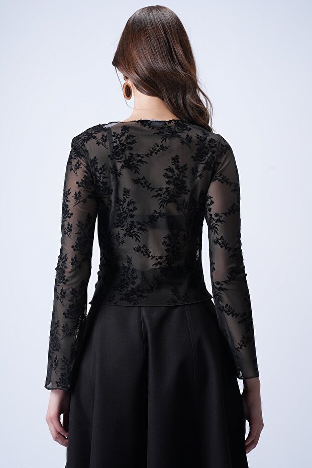 Siyah Transparan İşlemeli Bluz - 5