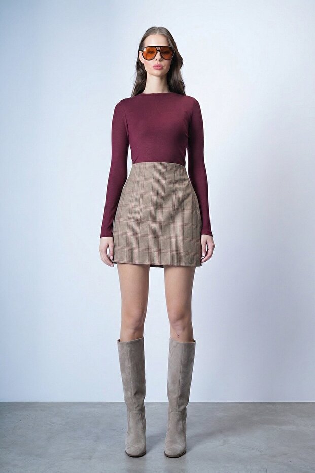 Bej Ekoseli Mini Etek - 1