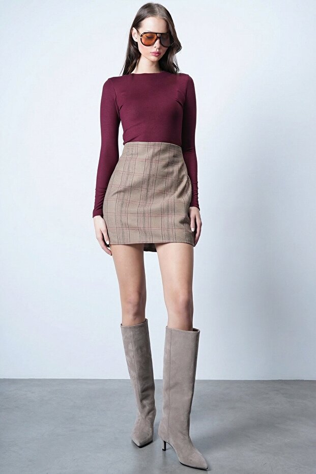 Bej Ekoseli Mini Etek - 3