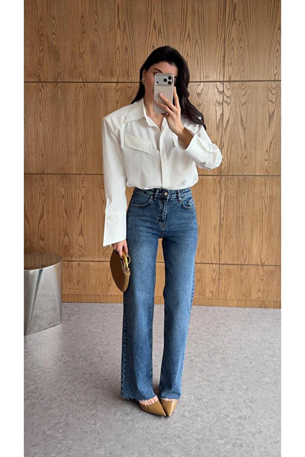 Wide Leg Raw Hem Blue Jean