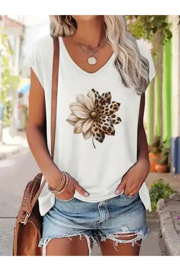 Leopard Flower Printed Women's Oversize Sleeveless T-Shirt