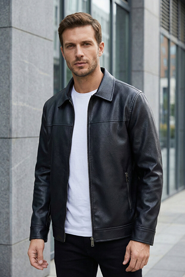 Men's Micro Patterned Regular Fit Leather Jacket
