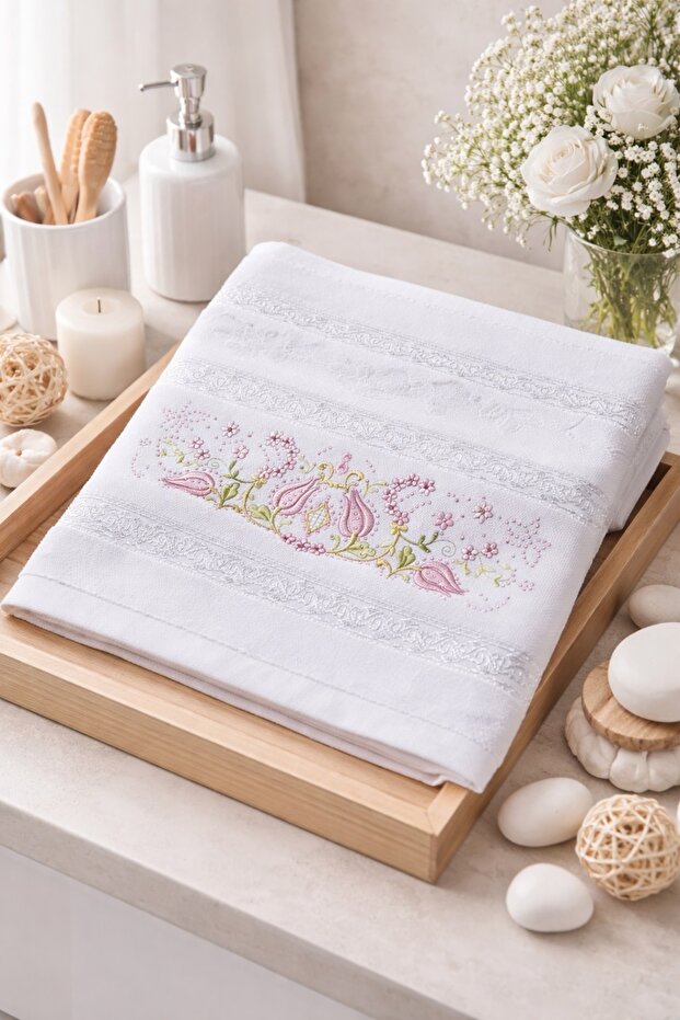 Stone Embroidered Velvet Textured Cotton Head & Hand Towel with Floral Embroidery (50×90 cm) | 200 Gr) m