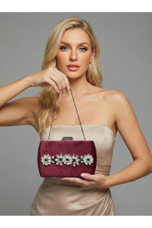 Burgundy Luxury Suede Crystal Stone Metal Handle Chain Women's Evening Dress Bag Wedding Engagement Graduation