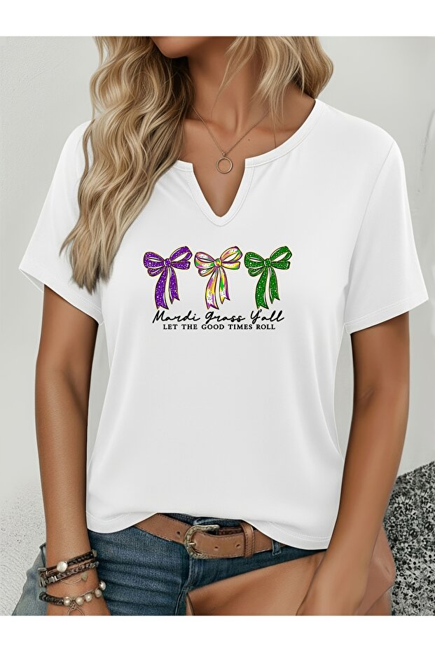 Women's Mardi Gras Printed Half V-Neck Sleeves Regular Fit Casual T-Shirt