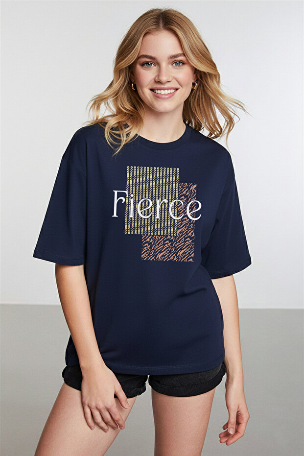 Women's Fierce Graphic Printed Basic Navy Blue T-Shirt
