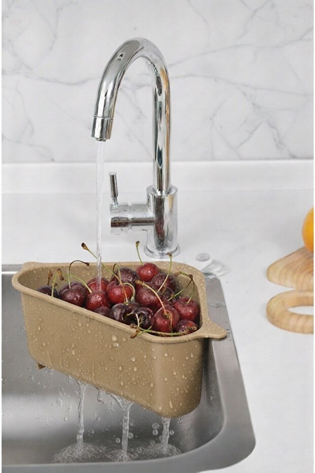 مصفاة حوض المطبخ على شكل مثلث مع مصاصة، مصفاة زاوية لحوض المطبخ، لون بيج - 1