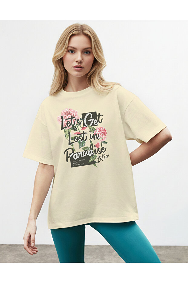 Women's Pink Rose Printed Crew Neck Beige T-Shirt