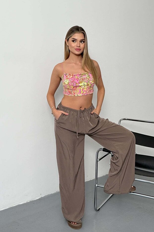 Women's Adjustable Waist Wide Leg Pants Light Brown - 26Y 26713