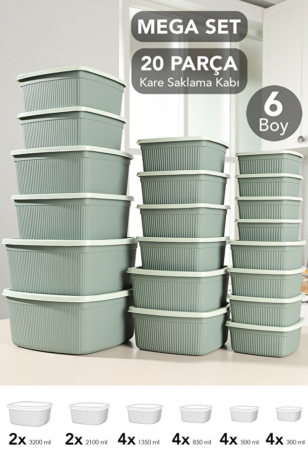 Set of 20 Striped Square Storage Containers - 6 Sizes Microwave Safe Organizer Food Container Green
