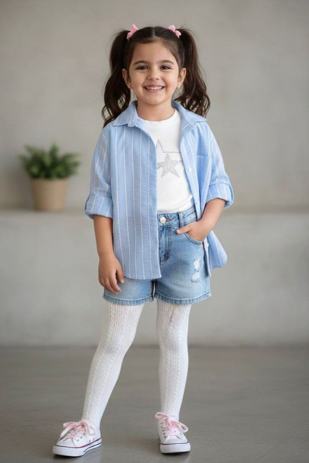 My Little One's Stars Detailed Badi and Striped Girls' Shirt - Blue