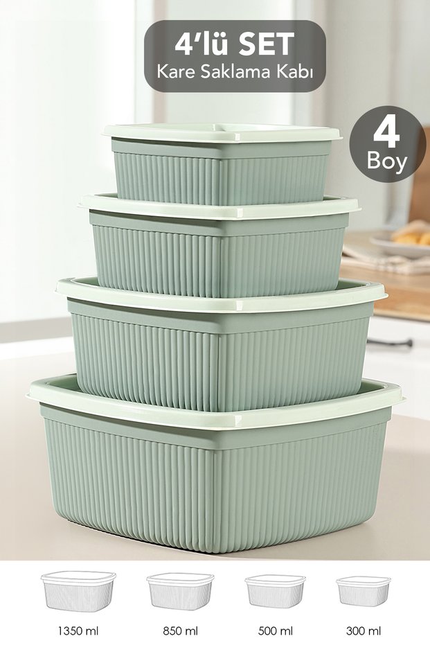 Set of 4 Striped Square Storage Containers - Microwave Safe Food Containers 1.35L 0.85L 0.5L 0.3L Green