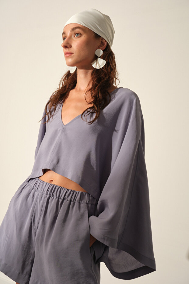 Yarasa Kol Crop Bluz - 1