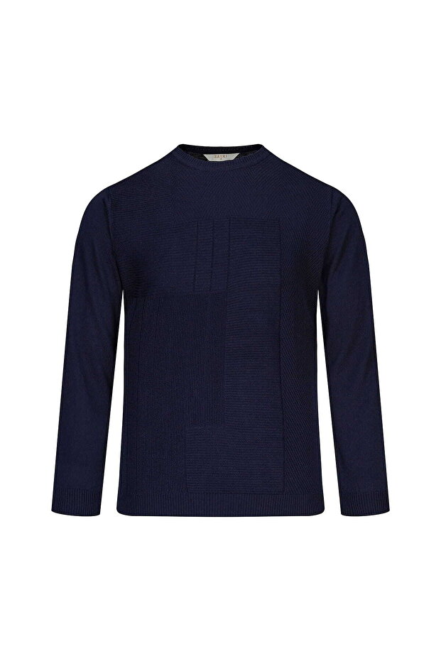 Navy Blue Regular Fit Jacquard Crew Neck Wool Sweater