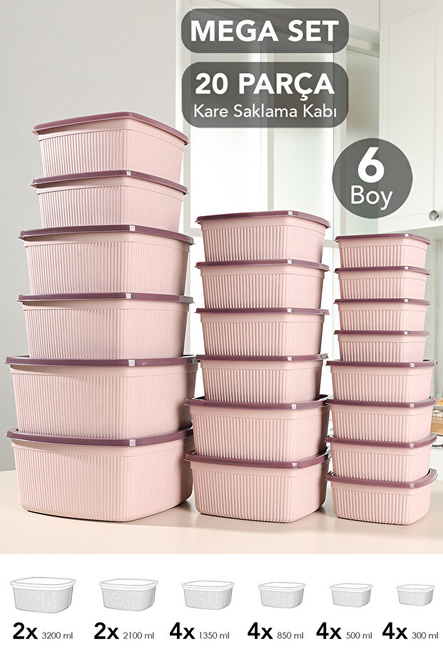 Set of 20 Striped Square Storage Containers - 6 Sizes Microwave Safe Organizer Food Container Pink
