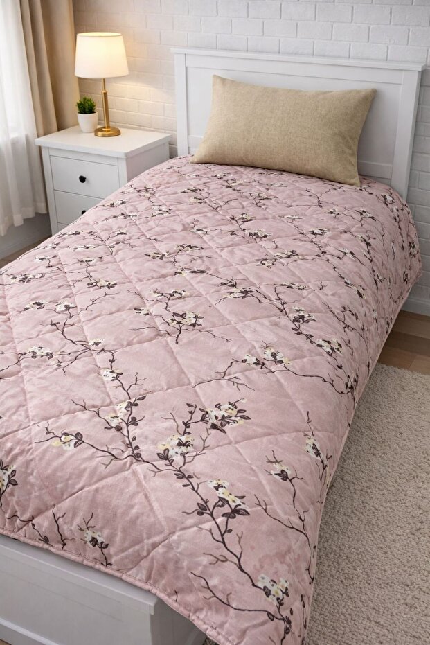 Pillowed Cotton Single Bedspread/Pink Flowers with Pique