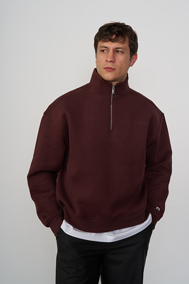 Fermuarlı Dik Yaka Oversize Sweatshirt - 2