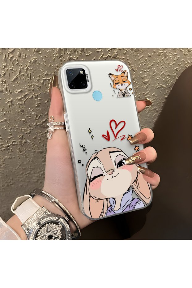 Realme C25Y/C21Y Compatible Heart-Themed Fox Rabbit Printed Case, Matching Cover for Friends and Couples