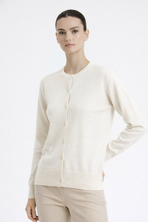 Ecru Crew Neck Women's Cardigan