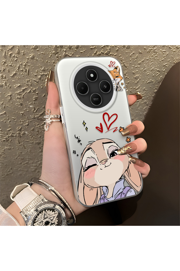 Redmi 14C 4G/5G Compatible Heart-Themed Fox Rabbit Printed Case, Matching Cover for Friends and Couples