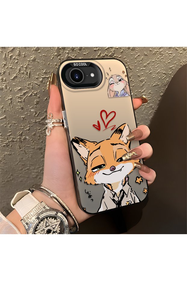 iPhone 16E Compatible Heart-Themed Fox and Rabbit Printed Case, Matching Cover for Friends and Couples