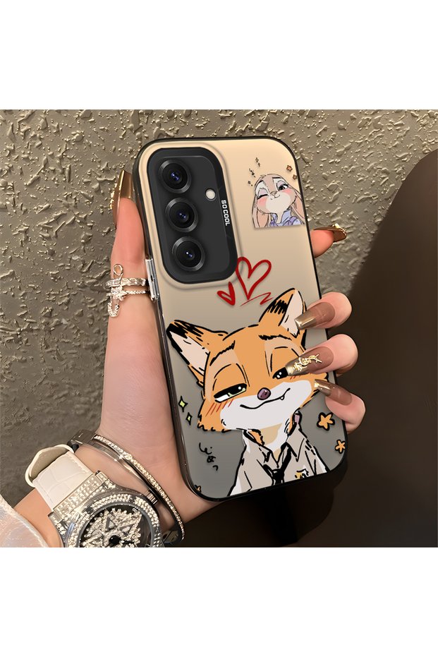 Samsung Galaxy S25 Compatible Heart-Themed Fox and Rabbit Printed Case, Matching Cover for Friends and Couples