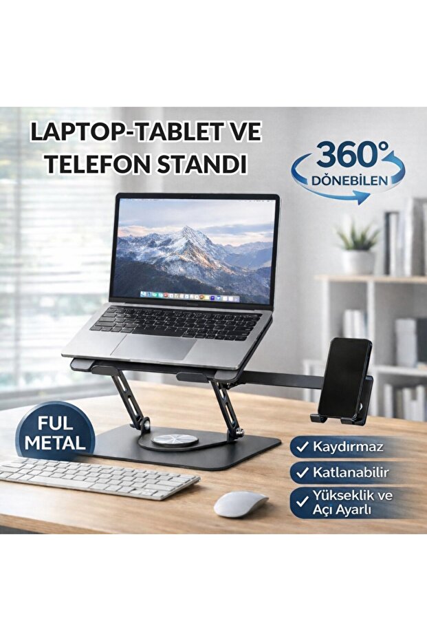 360 Rotatable Full Metal Laptop Tablet Phone Stand – Foldable, Anti-Slip, Height and Angle Adjustable Ergonomic Desktop Stand