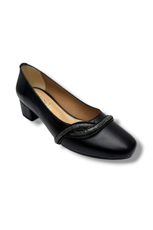 9996-26 Shiny Print Leather Stripe Stoned Thick Heel Women's Shoes 4cm