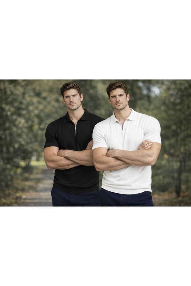 Set of 2 Men's Poloyaka Zippered Basic Knitwear T-Shirts T-Shirts Cotton Quality Comfortable Daily Wear