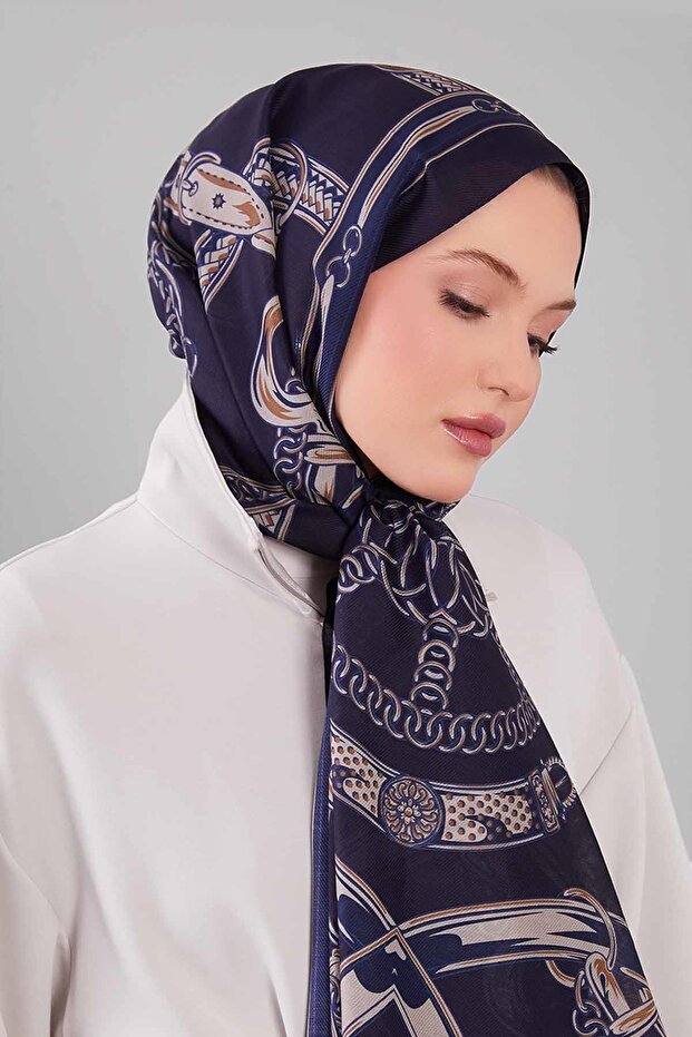 Navy Blue Mixed Patterned Wool Silk Shawl - 2