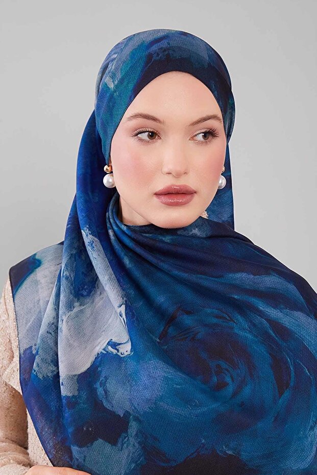 شال حريري من الصوف بنمط تجريدي أزرق - 3
