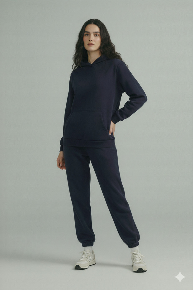 Women's Daily Oversized Navy Blue Hooded Tracksuit Set Winter Cotton Lined