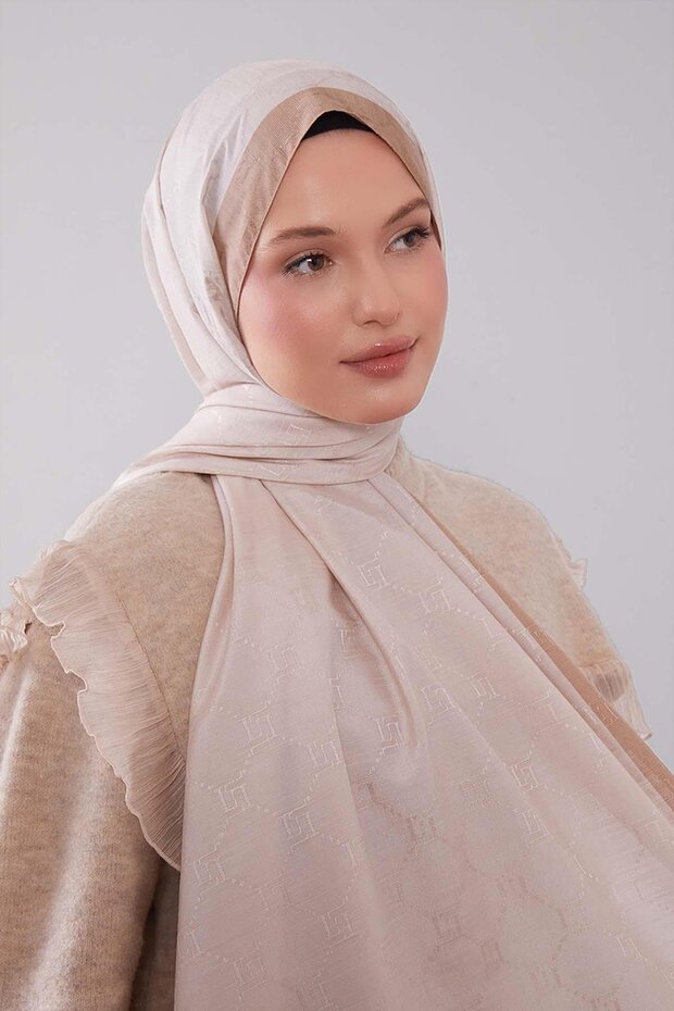 Krem Petek İşlemeli Monogram Şal - 4